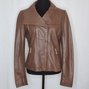 Tahari Women's Brown Lambskin Leather and Knit Zip-Front Cropped Jacket - Size M